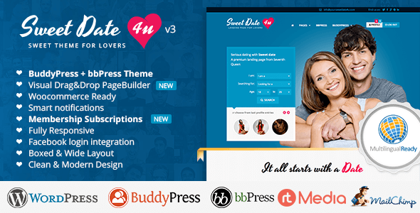 Sweet Date v3.0.1 – Responsive WordPress Dating Theme