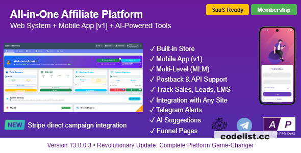 AffiliatePro SaaS v13.0.0.4 – Affiliate & Vendor System + Mobile App, AI, Telegram