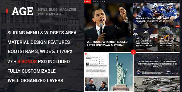 AGE - Material Design Magazine Blog PSD Template