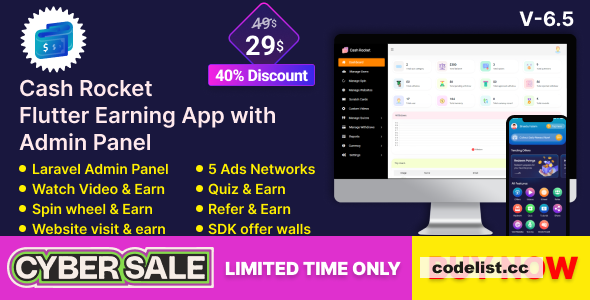Cash Rocket v6.6 – Flutter Online Earning App with Admin Panel