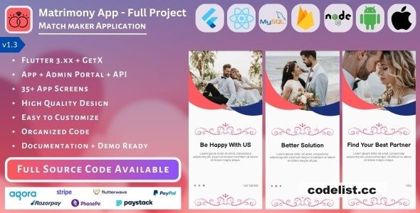 Matrimony App v1.3 - Match Maker - Full Project (Mobile App, Admin Panel, API, Database)