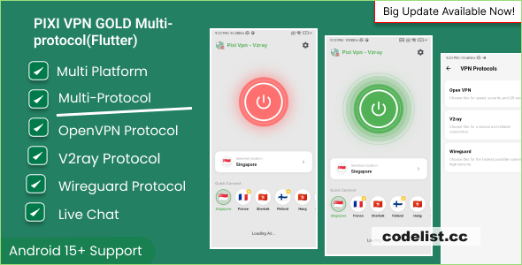 Pixi VPN v1.0 - Multi protocol VPN OpenVPN, V2ray, Wireguard with Ready to Business panel