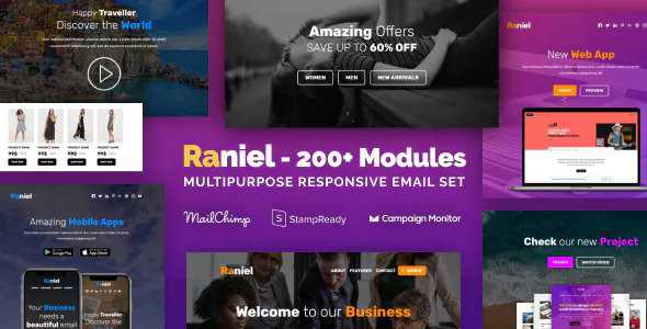 Raniel - Responsive Email with 200+ Modules + MailChimp Editor + StampReady + Online Builder